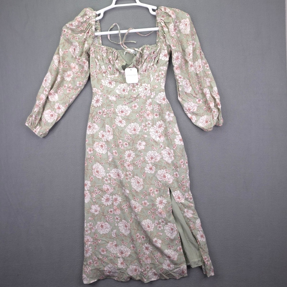 Altar'd State Dress Floral Midi Sage Green Pink XS Viscose Long Sleeve Slit NWT